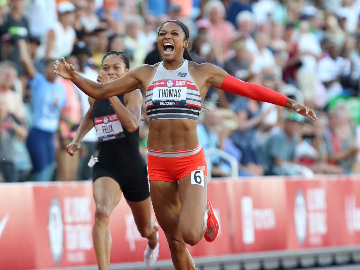 Gabby Thomas, center, wins the women's 200 meters with Allyson Felix, left, in fifth and Jenna Prandini capturing second place for silver during the Olympic Track and Field Trials at Hayward Field.